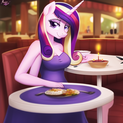 Size: 640x640 | Tagged: safe, imported from derpibooru, princess cadance, anthro, ai content, ai generated, bad anatomy, bedroom eyes, breasts, female, generator:novelai, generator:stable diffusion, looking at you, restaurant, smiling, solo, table