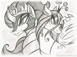Size: 2113x1570 | Tagged: safe, artist:rossmaniteanzu, imported from derpibooru, king sombra, queen chrysalis, changeling, unicorn, antagonist, monochrome, pencil drawing, traditional art