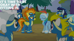 Size: 1280x720 | Tagged: safe, edit, edited screencap, editor:quoterific, imported from derpibooru, screencap, high winds, misty fly, rainbow dash, silver lining, silver zoom, soarin', spitfire, surprise, pegasus, pony, newbie dash, clothes, female, male, mare, stallion, uniform, wonderbolts uniform