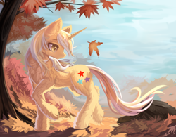 Size: 3200x2500 | Tagged: artist needed, safe, imported from derpibooru, oc, oc only, oc:flash meteor, pony, unicorn, autumn, fluffy, horn, leaves, looking at something, looking back, solo, tail, tree, unicorn oc, walking, windswept mane, windswept tail