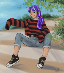 Size: 1102x1257 | Tagged: safe, artist:elisdoominika, imported from derpibooru, starlight glimmer, human, belt, blue sky, clothes, converse, denim, humanized, jeans, leaves, looking at you, pants, ponytail, shoes, sitting, smiling, smiling at you, solo, sweater, tan skin, teenage glimmer, teenager