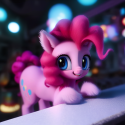 Size: 1536x1536 | Tagged: safe, editor:nightluna, imported from derpibooru, pinkie pie, earth pony, pony, ai content, ai generated, ear fluff, eyebrows, eyelashes, female, fluffy, fluffy mane, generator:purplesmart.ai, generator:stable diffusion, hooves on the table, looking sideways, mare, open mouth, prompter:nightluna, smiling, solo, standing on two hooves, teeth