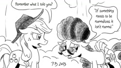 Size: 1200x675 | Tagged: safe, artist:pony-berserker, imported from derpibooru, applejack, pinkie pie, earth pony, pony, applejack's hat, clothes, clown wig, cowboy hat, dialogue, glasses, hat, hatching (technique), pinkie being pinkie, pony-berserker's twitter sketches, pony-berserker's twitter sketches (2023), speech bubble, tutu, wig
