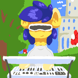 Size: 400x400 | Tagged: safe, artist:vohd, imported from derpibooru, oc, oc only, oc:vohd, pony, animated, atomic heart, balloon, full face view, gif, headbob, keyboard, musical instrument, outdoors, pixel art, playing instrument, sunglasses, synthesizer, synthwave