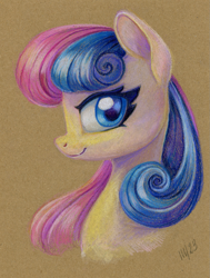 Size: 907x1200 | Tagged: safe, artist:maytee, imported from derpibooru, part of a set, bon bon, sweetie drops, earth pony, pony, bust, colored pencil drawing, female, looking at you, mare, portrait, profile, smiling, solo, traditional art