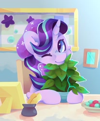 Size: 1023x1235 | Tagged: safe, artist:tater, imported from derpibooru, phyllis, starlight glimmer, pony, unicorn, beanie, chair, cute, female, glimmerbetes, hat, looking at you, mare, one eye closed, plant, potted plant, starlight's office, wink
