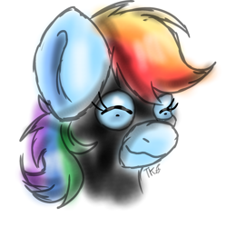 Size: 1916x1921 | Tagged: safe, artist:taeko, derpibooru exclusive, imported from derpibooru, rainbow dash, pegasus, pony, fanfic:rainbow factory, 2023, bodysuit, bust, clothes, eyes closed, fanfic art, female, rainbow factory dash, signature, simple background, sketch, smiling, solo, white background