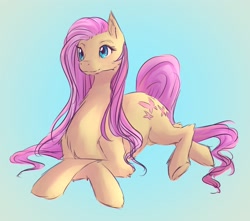 Size: 1812x1599 | Tagged: safe, artist:tatsuk0, imported from derpibooru, fluttershy, pegasus, pony, female, gradient background, lying down, mare, solo