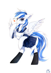 Size: 1496x2125 | Tagged: safe, artist:xiaoan, imported from derpibooru, oc, oc:ori, pegasus, pony, clothes, heart, pegasus oc, sailor uniform, school uniform, simple background, skirt, solo, spread wings, uniform, white background, wings