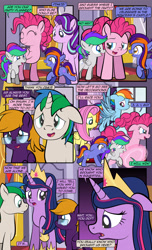 Size: 1920x3168 | Tagged: safe, artist:alexdti, imported from derpibooru, fluttershy, pinkie pie, rainbow dash, starlight glimmer, twilight sparkle, oc, oc:bright comet, oc:purple creativity, oc:star logic, oc:violet moonlight, alicorn, earth pony, pegasus, pony, unicorn, comic:quest for friendship, the last problem, ^^, colt, comic, crown, dialogue, ears back, eye contact, eyes closed, female, filly, floppy ears, flying, foal, folded wings, glasses, high res, hoof shoes, hooves, horn, jewelry, lidded eyes, looking at each other, looking at someone, male, mare, older, older twilight, open mouth, open smile, pegasus oc, princess twilight 2.0, raised hoof, regalia, smiling, speech bubble, spread wings, stallion, tail, twilight sparkle (alicorn), two toned mane, two toned tail, unicorn oc, wall of tags, wings