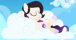 Size: 1280x677 | Tagged: safe, artist:cindystarlight, imported from derpibooru, oc, oc only, pegasus, pony, base used, cloud, eyes closed, female, lying down, mare, on a cloud, on back, pegasus oc, smiling, solo