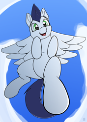 Size: 2480x3508 | Tagged: safe, artist:sefastpone, imported from derpibooru, soarin', pegasus, pony, cloud, digital art, flying, happy, looking at you, male, sky, stallion