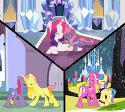 Size: 1280x1141 | Tagged: safe, artist:hate-love12, imported from derpibooru, princess amore, princess gold lily, princess sterling, oc, oc:eros, oc:esmé, oc:gold lily, oc:heracles, oc:sterling, pony, baby, baby pony, base used, crying, female, male, nuzzling, oc x oc, previous generation, shipping, straight