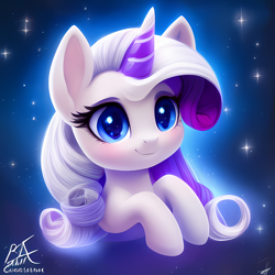 Size: 1024x1024 | Tagged: safe, imported from derpibooru, pony, unicorn, ai content, ai generated, blushing, cute, female, generator:stable diffusion, glowing, mare, not rarity, solo, space, stars