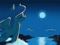Size: 1000x750 | Tagged: safe, alternate version, artist:hauntedtuba, imported from derpibooru, fluttershy, pegasus, pony, animated, eyes closed, female, full moon, gif, loop, mare, moon, night, outdoors, signature, solo, spread wings, stars, windswept mane, wings