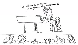 Size: 2000x1172 | Tagged: safe, artist:attila, imported from derpibooru, applejack, coloratura, pinkie pie, sweetie belle, twilight sparkle, earth pony, pony, unicorn, cowboy hat, female, filly, hat, horn, mare, monochrome, musical instrument, open mouth, piano, simple background, singing, white background