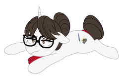 Size: 1653x1027 | Tagged: safe, artist:emera33, imported from derpibooru, raven, pony, unicorn, commission, female, glasses, hair bun, horn, lying down, lying on the floor, mare, necktie, prone, secretary, simple background, solo, tired, tired eyes, transparent background, ych result