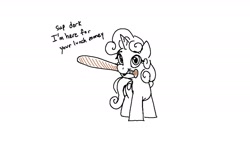Size: 1808x1042 | Tagged: safe, artist:attila, imported from derpibooru, sweetie belle, pony, unicorn, baseball bat, female, filly, foal, mouth hold, partial color, simple background, solo, white background