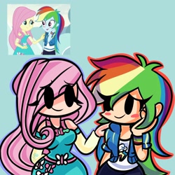Size: 2100x2100 | Tagged: safe, artist:simplementeyeu, imported from derpibooru, fluttershy, rainbow dash, human, equestria girls, blue background, blush sticker, blushing, duo, female, flutterdash, friday night funkin', hand on shoulder, human coloration, lesbian, outline, screencap reference, shipping, simple background