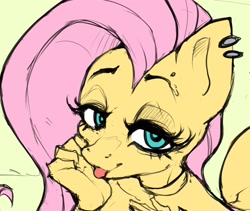 Size: 2352x1985 | Tagged: safe, artist:darknud, imported from derpibooru, fluttershy, anthro, pegasus, bust, ear piercing, earring, female, green background, jewelry, lidded eyes, looking at you, mare, piercing, simple background, solo