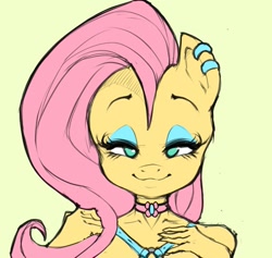 Size: 1295x1229 | Tagged: safe, artist:darknud, imported from derpibooru, fluttershy, anthro, pegasus, bedroom eyes, bust, choker, ear piercing, earring, eyeshadow, green background, jewelry, looking at you, makeup, piercing, simple background, smiling, smiling at you, solo