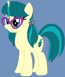 Size: 318x377 | Tagged: safe, artist:jadeharmony, artist:mak2020, imported from derpibooru, juniper montage, pony, unicorn, base used, blue background, equestria girls ponified, female, glasses, grin, mare, ponified, simple background, smiling, solo