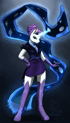 Size: 1024x1792 | Tagged: safe, artist:mykegreywolf, imported from derpibooru, rarity, anthro, unguligrade anthro, the cutie re-mark, alternate hairstyle, alternate timeline, boots, clothes, female, gloves, glow, glowing horn, hand on hip, horn, night maid rarity, nightmare takeover timeline, shoes, skirt, socks, solo, tailcoat, tapestry, thigh highs, vest, zettai ryouiki