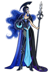 Size: 250x354 | Tagged: safe, artist:ladyamaltea, imported from derpibooru, princess luna, human, boots, clothes, dress, helmet, high heel boots, humanized, shoes, solo, spear, weapon