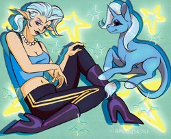 Size: 1280x1046 | Tagged: safe, artist:creatureindex, imported from derpibooru, trixie, human, pony, unicorn, boots, clothes, denim, high heel boots, jeans, leonine tail, pants, shirt, shoes, solo, tail, unicorns as elves