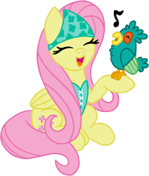 Size: 596x702 | Tagged: safe, artist:aprilfools, fluttershy, bird, parrot, pegasus, pony, /bale/, bandana, female, folded wings, headscarf, mare, open mouth, raised hoof, scarf, simple background, singing, sitting, solo, transparent background, waistcoat, wings