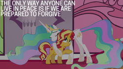 Size: 1920x1080 | Tagged: safe, edit, edited screencap, editor:quoterific, imported from derpibooru, screencap, princess celestia, sunset shimmer, alicorn, pony, unicorn, equestria girls, equestria girls series, forgotten friendship, doctor who, duo, duo female, female, hug, mare, twelfth doctor