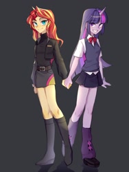 Size: 1536x2048 | Tagged: safe, artist:akusa01662709, imported from derpibooru, sunset shimmer, twilight sparkle, human, equestria girls, duo, female, gray background, holding hands, horn, simple background