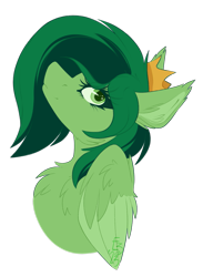Size: 1123x1534 | Tagged: safe, artist:ezzerie, imported from derpibooru, oc, oc only, oc:emerald, pegasus, bust, chest fluff, crown, jewelry, pegasus oc, portrait, raffle prize, regalia, simple background, solo, transparent background