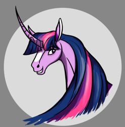 Size: 578x586 | Tagged: safe, artist:snedrir, imported from derpibooru, twilight sparkle, pony, unicorn, bust, curved horn, gray background, horn, long horn, portrait, simple background, solo