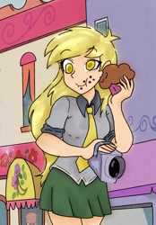 Size: 1423x2048 | Tagged: safe, artist:superstarrzz, imported from derpibooru, derpy hooves, human, clothes, female, food, humanized, messy eating, muffin, necktie, scary, shirt, skirt, solo, store, that pony sure does love muffins, yellow eyes, yellow hair