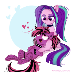 Size: 1952x2000 | Tagged: safe, artist:anotherdeadrat, imported from derpibooru, aria blaze, oc, oc:vivace nocturne, earth pony, pony, unicorn, equestria girls, blushing, canon x oc, choker, cute, duo, female, fishnets, heart, horn, jewelry, mare, necklace, simple background, spiked choker, spiked wristband, white background, wristband