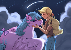 Size: 2388x1668 | Tagged: safe, artist:nightprince-art, imported from derpibooru, firefly, megan williams, human, pegasus, pony, bow, duo, g1, lm001, shooting star, stars, tail, tail bow