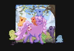 Size: 2388x1668 | Tagged: safe, artist:nightprince-art, imported from derpibooru, lickety split, bushwoolie, earth pony, pony, eyes closed, female, g1, mare, open mouth, signature, smiling, tree