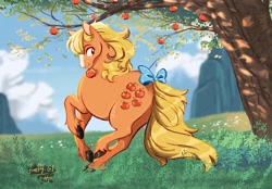 Size: 1440x1005 | Tagged: safe, artist:nightprince-art, imported from derpibooru, applejack (g1), earth pony, pony, apple, apple tree, applebutt, bow, butt, cottagecore, female, food, g1, looking at you, looking back, looking back at you, mare, plot, signature, solo, tail, tail bow, tree