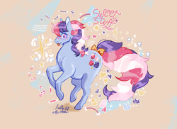 Size: 2295x1668 | Tagged: safe, artist:nightprince-art, imported from derpibooru, sweet stuff, earth pony, pony, :p, beige background, bow, candy, female, food, g1, heart, looking at you, mare, signature, simple background, solo, tail, tail bow, tongue out