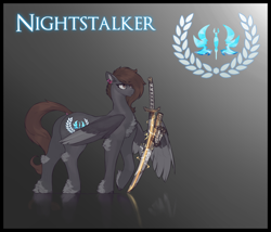 Size: 3500x3000 | Tagged: safe, artist:nsilverdraws, artist:veen, imported from derpibooru, oc, oc only, oc:nightstalker, butterfly, pegasus, pony, cutie mark, dock, dock piercing, ear piercing, female, gradient background, laurel wreath, magic, mare, pegasus oc, piercing, reference sheet, reflection, solo, standing, sundown clan, sword, tail, tail piercing, two toned wings, weapon, wings