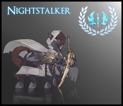 Size: 3500x3000 | Tagged: safe, alternate version, artist:nsilverdraws, artist:veen, imported from derpibooru, oc, oc only, oc:nightstalker, butterfly, pegasus, pony, armor, cape, clothes, cutie mark, dock, dock piercing, ear piercing, female, gradient background, laurel wreath, magic, mare, pegasus oc, piercing, reference sheet, reflection, solo, standing, sundown clan, sword, tail, tail piercing, two toned wings, weapon, wing armor, wings