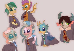 Size: 2270x1554 | Tagged: safe, imported from derpibooru, gallus, ocellus, sandbar, silverstream, smolder, yona, changedling, changeling, dragon, earth pony, griffon, hippogriff, pony, yak, cape, clothes, dragoness, female, gryffindor, harry potter (series), hufflepuff, male, necktie, ravenclaw, slytherin, stallion, student six