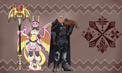 Size: 10000x6000 | Tagged: safe, artist:chedx, imported from derpibooru, oc, dragon, human, absurd file size, absurd resolution, canon x oc, crossover, dragoness, duo, female, monster hunter, scales (g4), staff, weapon