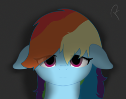 Size: 1380x1080 | Tagged: safe, artist:reinbou, imported from derpibooru, rainbow dash, pegasus, pony, bust, eye clipping through hair, floppy ears, looking at you, no catchlights, portrait, simple background, solo