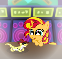 Size: 6012x5664 | Tagged: safe, artist:emeraldblast63, imported from derpibooru, ray, sunset shimmer, gecko, leopard gecko, lizard, pony, unicorn, comic:the tale of two sunsets, 5-year-old, duo, female, filly, filly sunset shimmer, hat, señor g. echo, story included, younger