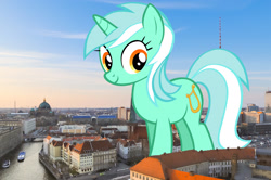 Size: 2048x1363 | Tagged: safe, artist:tardifice, edit, editor:jaredking779, imported from derpibooru, lyra heartstrings, pony, unicorn, background pony, berlin, female, germany, giant lyra heartstrings, giant pony, giant unicorn, giantess, highrise ponies, irl, looking at you, macro, mare, mega giant, photo, ponies in real life, smiling, solo