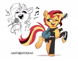 Size: 2048x1602 | Tagged: safe, artist:anotherdeadrat, imported from derpibooru, sunset shimmer, pony, unicorn, alternate hairstyle, choker, clothes, ear piercing, electric guitar, female, guitar, horn, jacket, mare, microphone, musical instrument, one eye closed, open mouth, piercing, rocker, simple background, singing, solo, spiked choker, tongue out, white background, wink