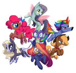 Size: 3750x3600 | Tagged: safe, artist:spookierdeer, imported from derpibooru, applejack, fluttershy, pinkie pie, rainbow dash, rarity, spike, twilight sparkle, classical unicorn, dragon, earth pony, flutter pony, pegasus, pony, unicorn, alternate design, cloven hooves, colored wings, dragons riding ponies, earth pony twilight, female, glasses, leonine tail, male, mane seven, mane six, mare, multicolored wings, race swap, rainbow wings, riding, round glasses, simple background, spike riding twilight, unshorn fetlocks, white background, wings