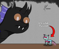 Size: 1200x1000 | Tagged: safe, artist:alejandrogmj, derpibooru exclusive, imported from derpibooru, oc, oc:alejandrogmj, oc:flower black, changedling, changeling, pony, changedling oc, changeling oc, fangs, frown, looking at something, micro, no mouth, pointy ponies, silliness in the comments, smol, spanish, text, tiny, wide eyes